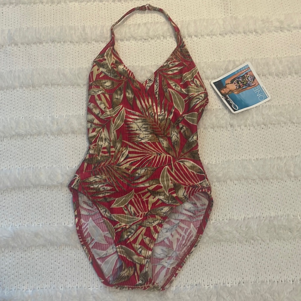 Vintage Catalina swimsuit one piece bathing suit red halter Tropical size S 4 6